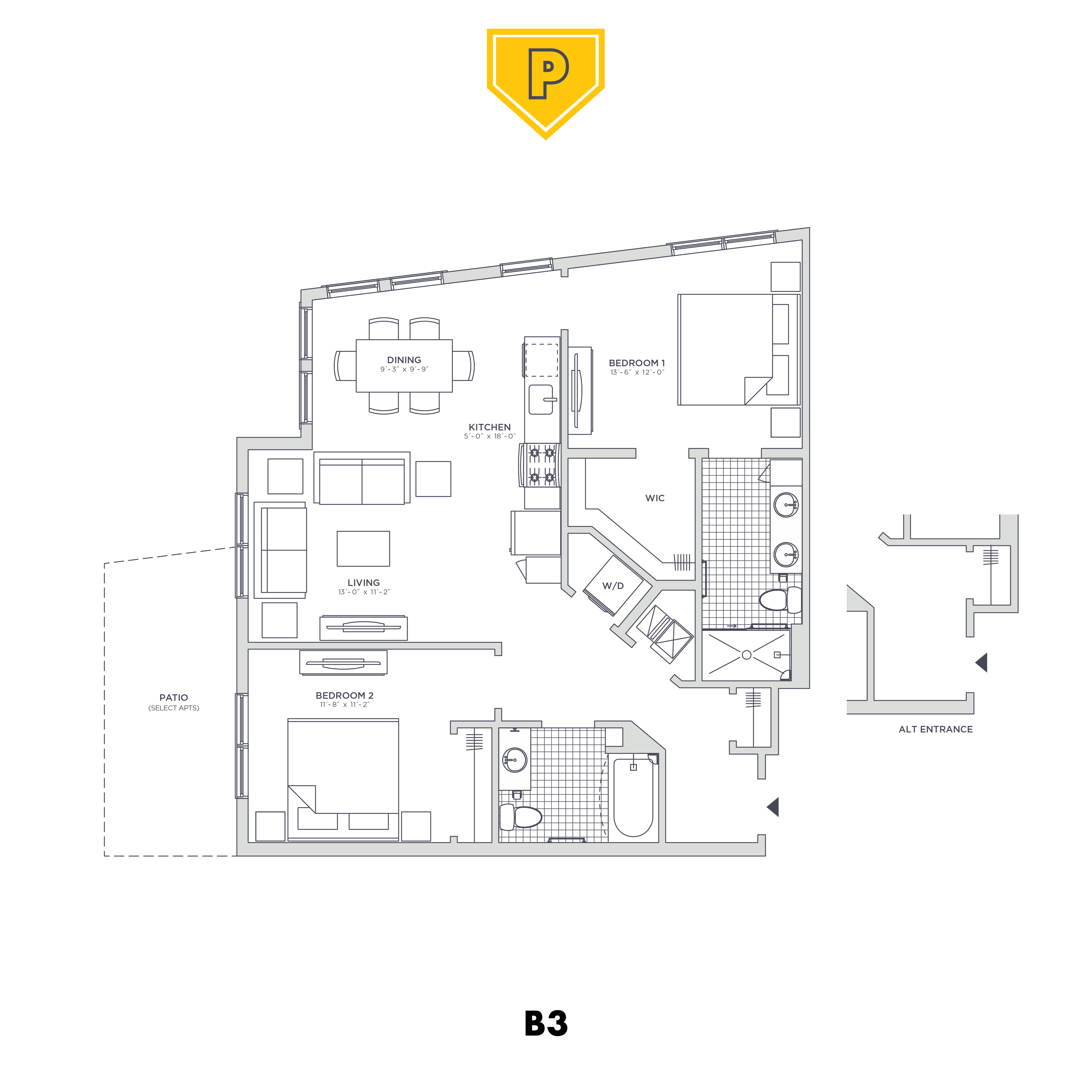 Floor plan for 2 beds, 2 baths, 1039 sqft